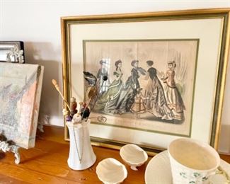 Vintage framed prints, vintage hat pins 