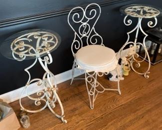 Antique cast iron side tables and chair 