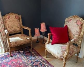 Pair of floral upholstered side chairs, large area rug 