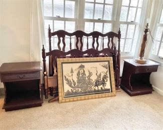 Vintage Rosewood bed frame from Thailand 1960s, and matching side tables, Framed print form 1960s Thailand 