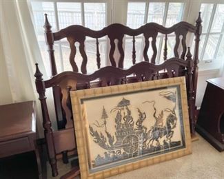 Vintage Rosewood bed frame from Thailand 1960s, and matching side tables, Framed print form 1960s Thailand 