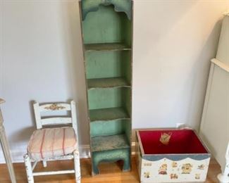Vintage small bookshelf, vintage toy box, vintage children’s chair. 