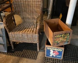 Wicker chair, vintage apple crates 