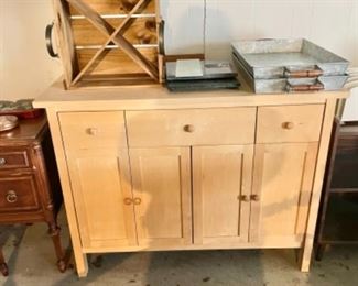 Pottery Barn cabinet, wine crate storage, metal serving  trays 