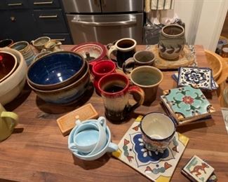 Handmade pottery mugs, kitchen items 
