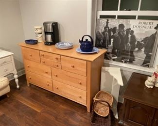 Coffee maker, vintage Pilsbury Dough boy cookie jar, tea kettle,  intake plates, dresser