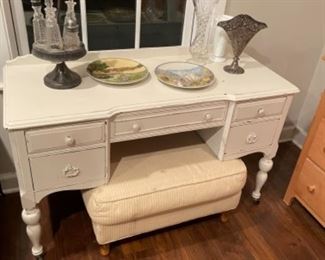 Vintage white desk, upholstered footstool, antique decor and collectibles 