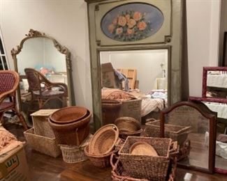 Large antique Mirrors, large selection of baskets