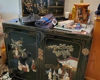 Korean Lacuer inlaid Mother of pearl storage cabinet and jewelry box. 