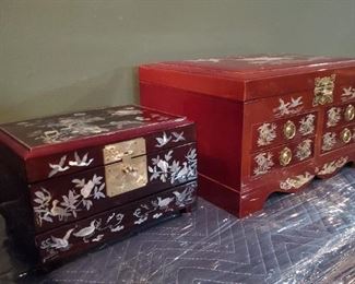 2 mother of pearl inlaid jewelry boxes.