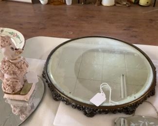 Plateau mirror, spaghetti porcelain poodle pin cushion
