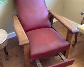 Wood and vinyl upholstery mid-century recliner with pull out foot rest
