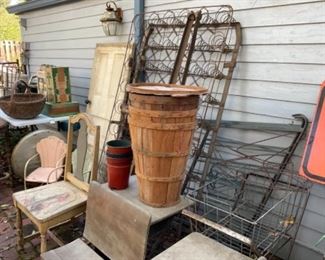 wood doors.  Old bed. Baskets