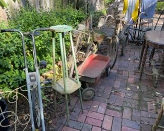 plant stands. Metal wagon. 