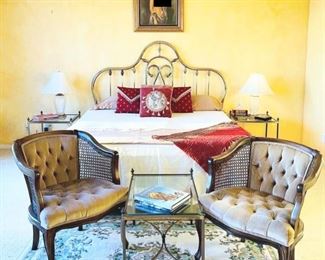 Vintage brass king bed 
Vintage cane chairs