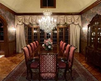 Dining room table and 12 chairs, three leaves, curio cabinet with light, matching table, imported area rug