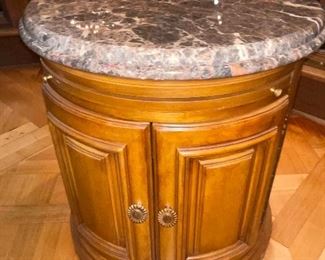 Marble top end table with double door opening and pull out tray