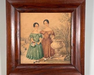 COLORED PENCIL DRAWING | Hand-drawn, showing two young girls in Victorian garb; 11-1/2 x 11-1/2 in. (frame)