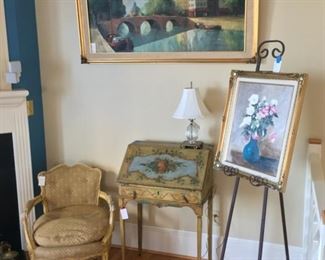 Antique desk, armchair, original paintings