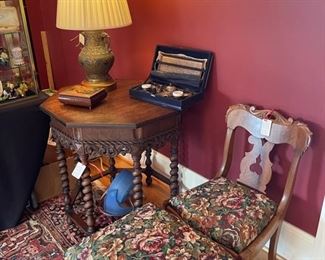 Barley twist table, chair and stool