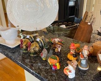 Thanksgiving decor turkey platter, gravy boat