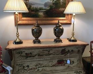 Chinoiserie Chest / Pair Designer Candlestick Lamps