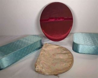1960s Hankerchief Boxes. 2 Fabric, 1 Velvet Box, Cosmetic Bag