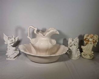 Figurines and Ceramic Pitcher with Basin