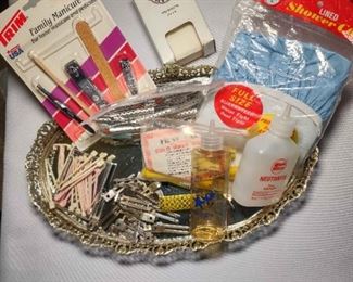 Vintage Hair Rollers with Pins, Shower Cap, Nail Care Set