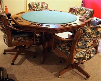 Solid Wood 8 Player Poker Table, 30" x 54" x 54", With Upholstered Sports Themed Rolling Swivel Chairs, Qty 4