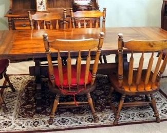 Solid Wood Double Pedestal Dining Table, 29" x 93.5" x 40", With Sliding Leaves, Includes 6 Matching Chairs