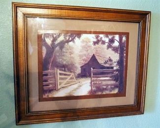 Framed Matted Under Glass Barn Prints, Qty 2, And School House Print, Various Sizes