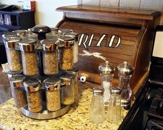 Roll Top Bread Box, Salt And Pepper Grinders, Shakers, And Turn Style Spice Rack