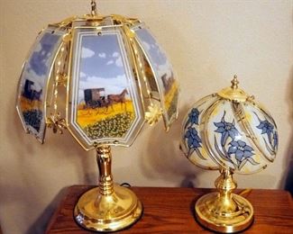 Brass Toned And Printed Glass Touch Table Lamps, Qty 3