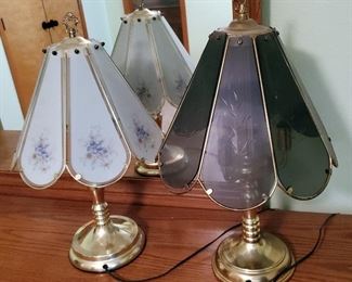 Vintage Brass Toned Touch Table Lamps With Glass Shades, Qty 2, 22" And 21"