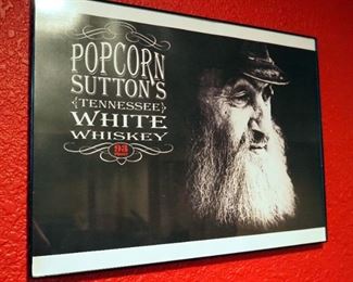 Framed Midnight Moon Moonshine And Popcorn Sutton's White Whiskey Prints, Both 12" x 16", And Mosaic Sun And Moon Wall Hanging, 12" x 12"