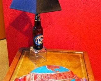 Miller Lite Beer Bottle Lamp, 20" Tall, Powers On, And Schlitz Vintage Retail Sign, 13" x 16"