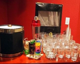 Barware Assortment, Including Ice Bucket, Rabbit Battery Powered Mixer, Disposable Party Flutes, Shot Glasses, Coasters, And Tumblers