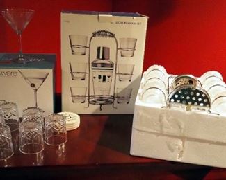 Sonoma Eight-Piece Bar Set, New In Box, Dailyware Martini Stemware, Qty 4, And Glass Tumblers, Qty 6, With Coasters