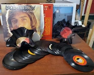 Vintage Record Assortment Including Barry Manalo LP, Various 45 Records, And Record Popcorn Bowls