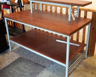 Metal Framed Wood Top Work Table With Upper And Lower Shelves, 44.5" x 60" x 32"