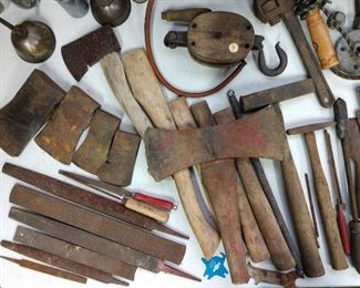 Vintage Files, Rasps, axes, wood handle tools, block &tackle (wooden)
