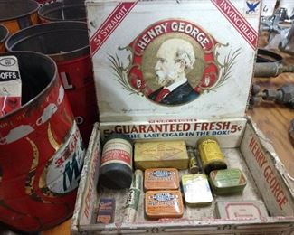 old tins, cigar boxes