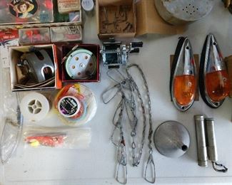 antique fishing reels  w/boxes, cab lights, worm/bait box, small lures 