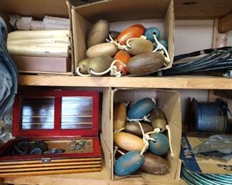 Antique Fishing Floats, Player Piano rolls, antique drummel set