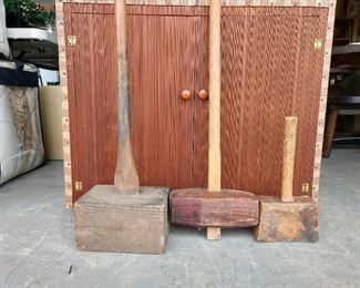 Antique barn building mallets, excellent condition; storage cabinet