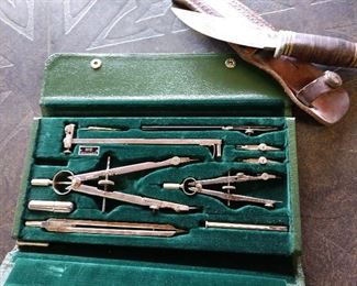 drafting tools in case; hunting knife w/sheath 