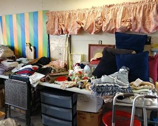 Misc. linens, curtains, stuffed animals, clothing, large painting by David Coleman, dec.