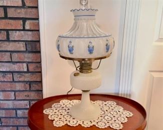 white quilted Aladdin lamp shown with Aladdin shade.