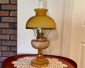 Amber Washington drape Aladdin lamp, shown with satin shade